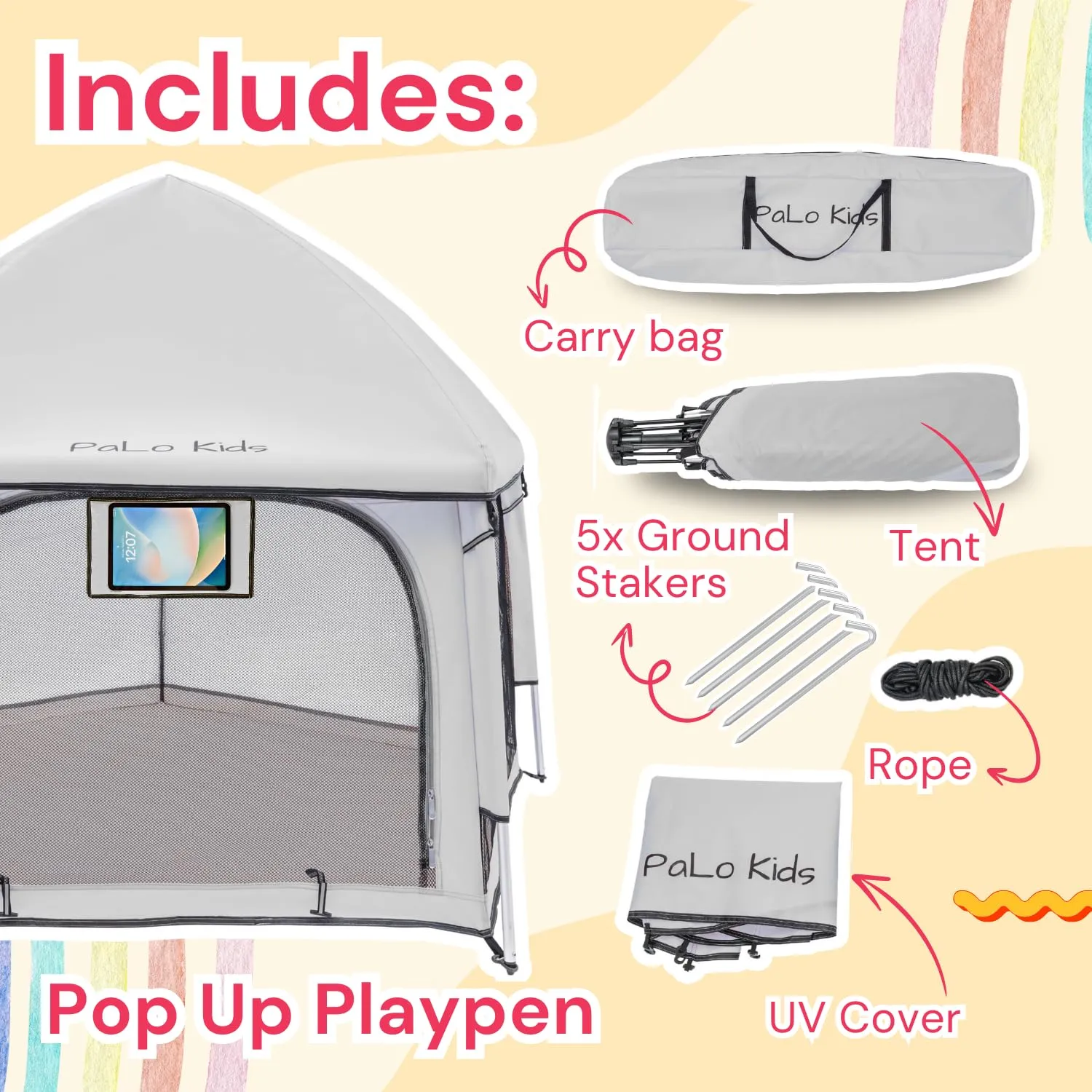 Pop Up Playpen - Portable for Babies With Canopy - Baby Beach Tent, Indoor Outdoor, Pack & Play, Built-in Tablet Holder, Foldable