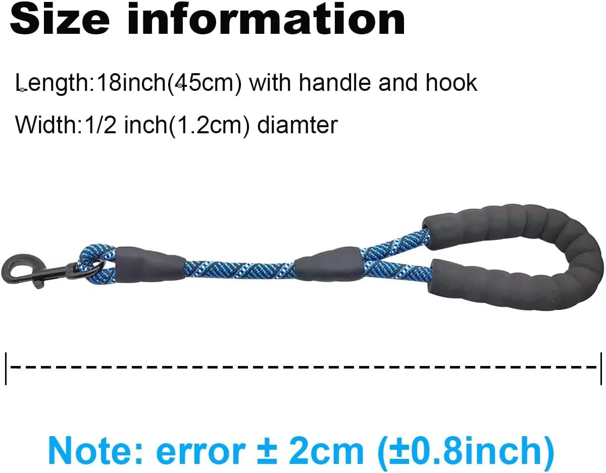 Short Dog Leash- 18 Inch Rope Traffic Lead with Padded Handle- 1/2 Strong Nylon Tab for Medium Large Dogs Training Walking (Blue-1.5 ft)