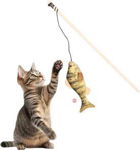 SPOT Fanatic Fish Teaser Wand for Cats  Realistic Fish Cat Toy with Catnip and Crinkle, Interactive Wand Toy for Batting, Swatting, and Chasing Play, Assorted Styles