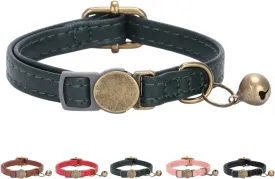 THAIN Leather Cat Collar with Bell Breakaway- Adjustable, Durable, Retro Bell fit Most Cats and Kittens (Dark Green)