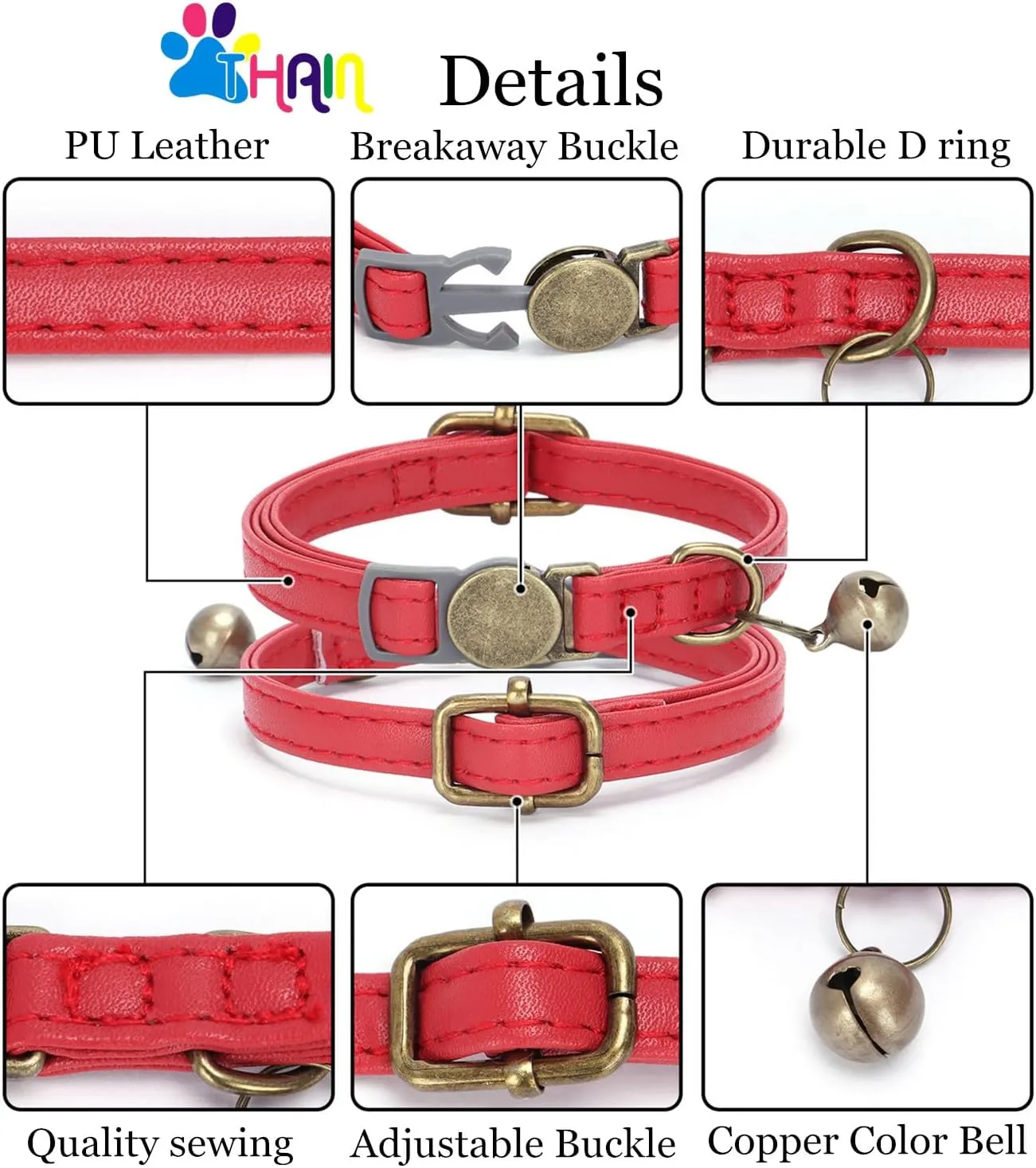 THAIN Leather Cat Collar with Bell Breakaway- Adjustable, Durable, Retro Bell fit Most Cats and Kittens (Dark Green)