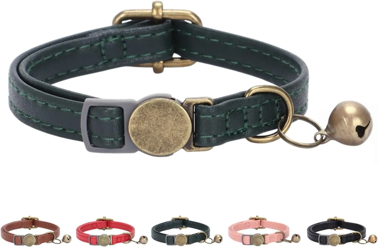 THAIN Leather Cat Collar with Bell Breakaway- Adjustable, Durable, Retro Bell fit Most Cats and Kittens (Dark Green)