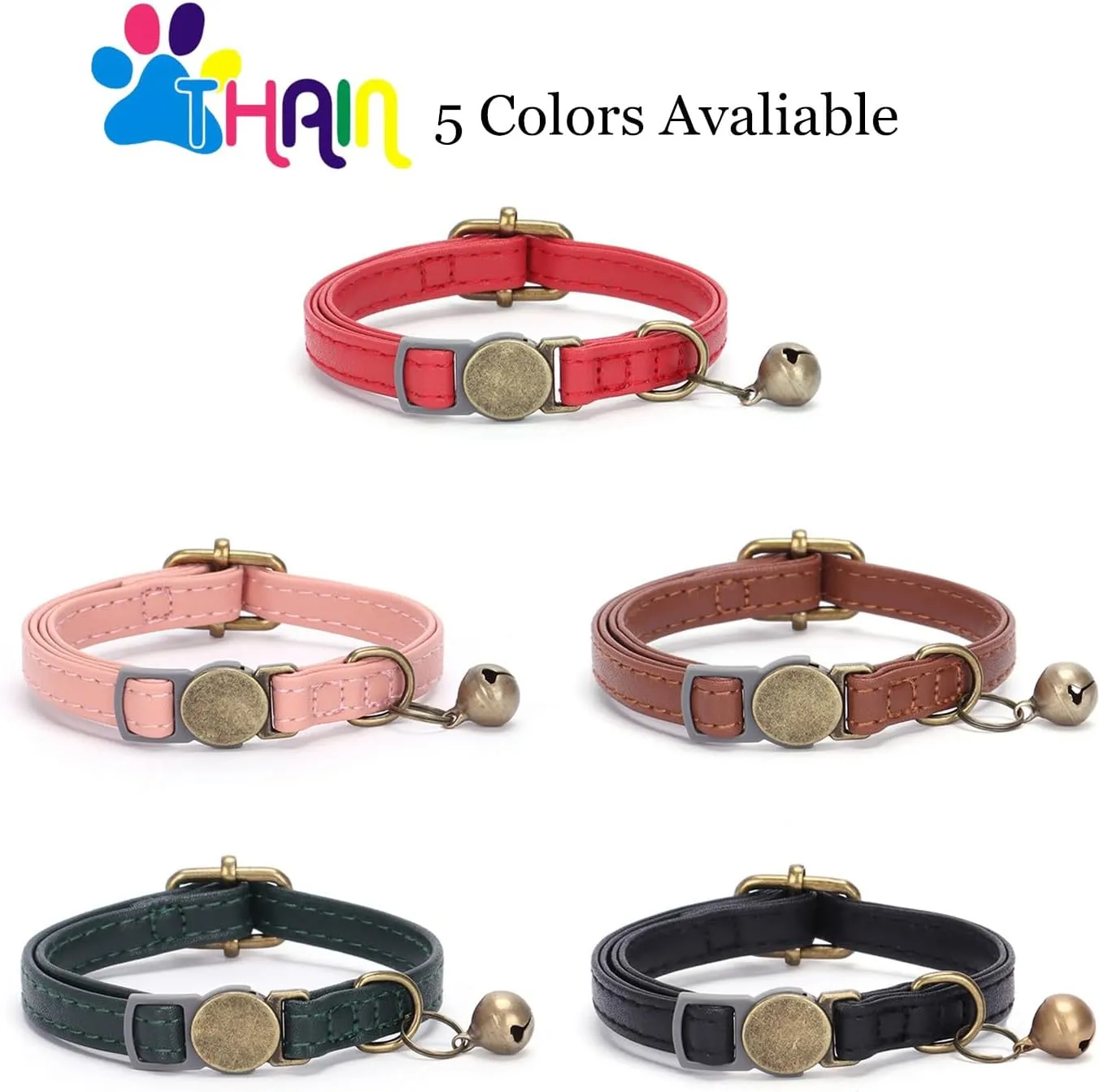THAIN Leather Cat Collar with Bell Breakaway- Adjustable, Durable, Retro Bell fit Most Cats and Kittens (Dark Green)