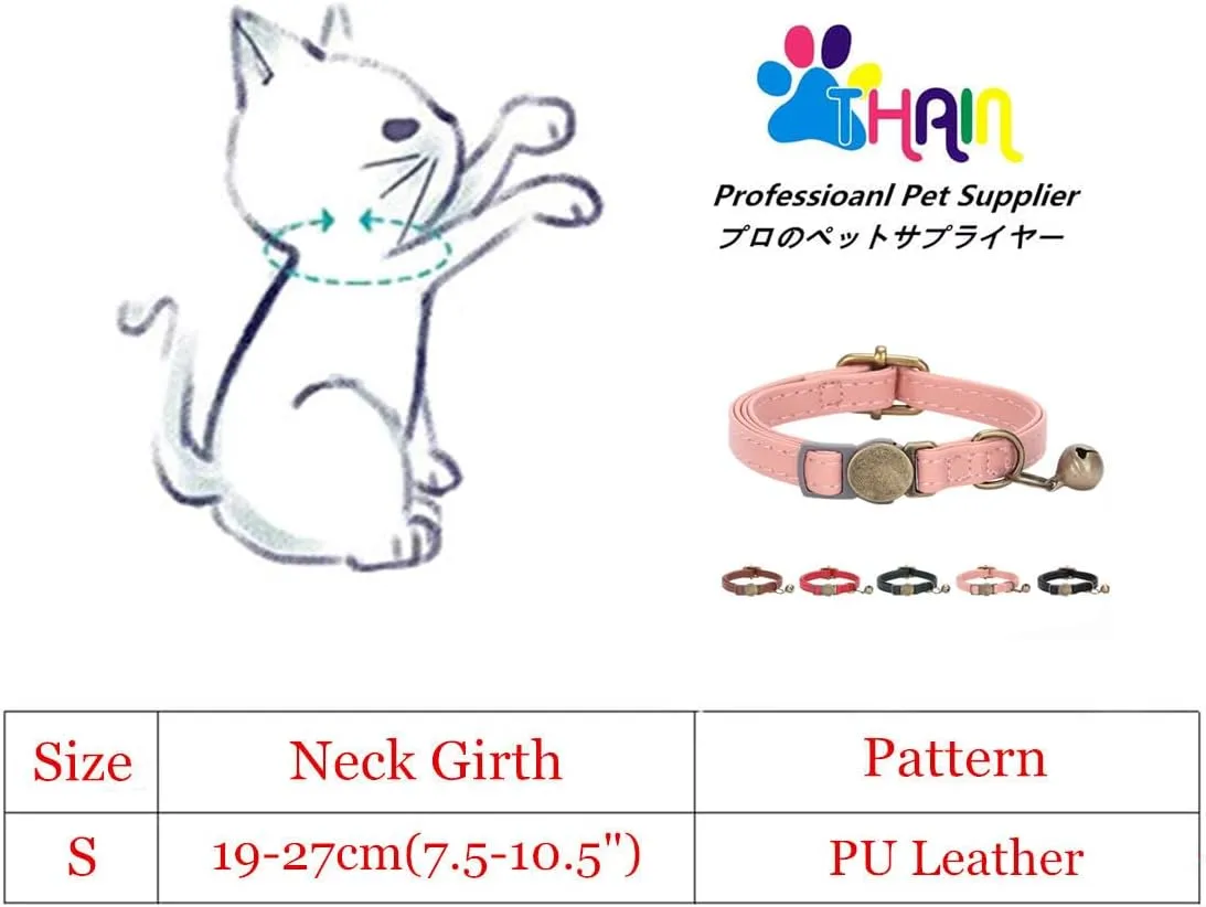 THAIN Leather Cat Collar with Bell Breakaway- Adjustable, Durable, Retro Bell fit Most Cats and Kittens (Dark Green)