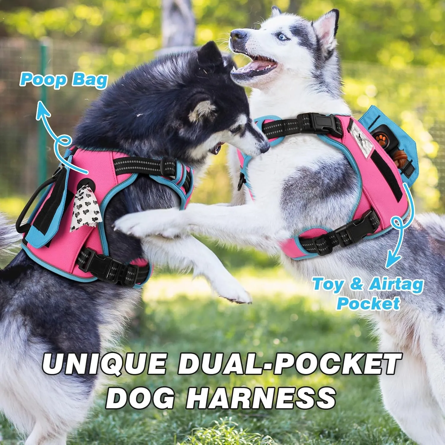 WINGOIN Tactical Dog Harness for Medium Dogs, No Pull Harness with Handle Pockets Poop Bag, Reflective Dog Vest, Military Service Heavy Duty Big Dog Harness for Walking Hiking Training (Pink Blue, M)