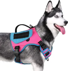 WINGOIN Tactical Dog Harness for Medium Dogs, No Pull Harness with Handle Pockets Poop Bag, Reflective Dog Vest, Military Service Heavy Duty Big Dog Harness for Walking Hiking Training (Pink Blue, M)